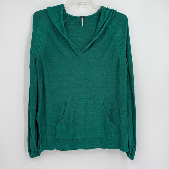 Free People Optimistic Linen Blend Green Hoodie Sweater Size Small Long Sleeves - Picture 11 of 11